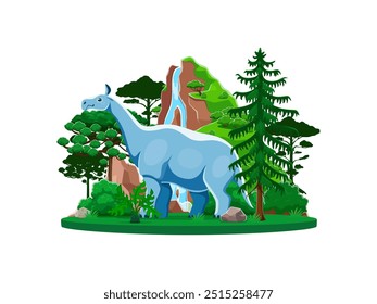 Indricotherium prähistorische Dinosaurier in Dschungellandschaft mit üppigen Bäumen und kaskadierten Wasserfällen. Cartoon Vektor Dino Charakter auch bekannt als Paraceratherium Liebe in späten Eocene zu frühen Oligocene