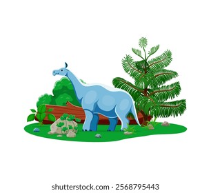 Indricotherium prehistoric dinosaur in natural landscape surrounded by lush green plants and trees. Cartoon vector four-legged Paraceratherium dino character lived in late Eocene to early Oligocene