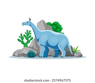 Indricotherium prehistoric dinosaur in natural landscape with lush plants, cacti and rocks. Cartoon vector four-legged dino character known as Paraceratherium lived in late Eocene to early Oligocene