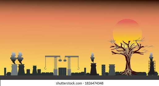 Grandes plantas industriales, en el fondo anaranjado de la puesta de sol.
Fuente de contaminación atmosférica.
Concepto de calentamiento global.