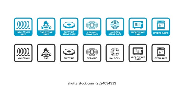 Indução, cerâmica, gás, elétrica, micro-ondas, forno e halogênio fogaça ícones vetoriais. Adequado para cozinhar fogão ou forno grelha fogão e panelas superfície ícones de utensílios de cozinha.