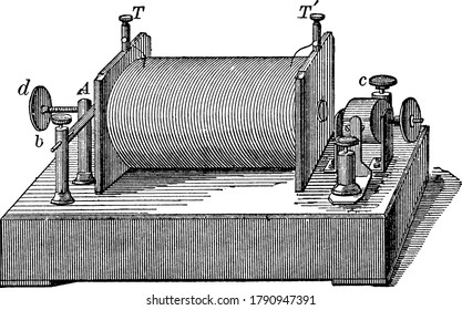 An induction coil, receives a large current of small electromotive force and delivers a small current at a high pressure, vintage line drawing or engraving illustration.