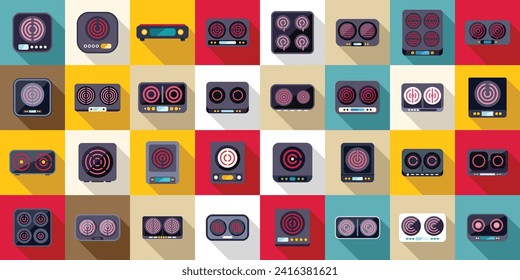 Induction cooker icons set flat vector. Cooking house. Oven stove