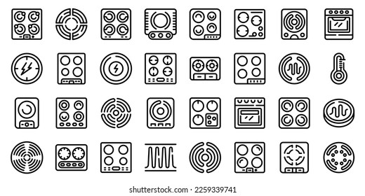 Induction cooker icons set outline vector. Cooking house. Food stove