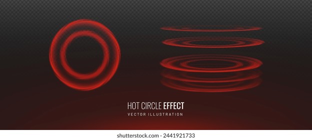 Induction hob heating effect on a transparent background. Red circle top view and isometry - design element. Vector illustration