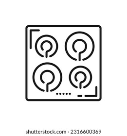 Induction stove with four burners isolated outline icon. Vector kitchen utensil, electric cooking appliance, tableware or cookware item