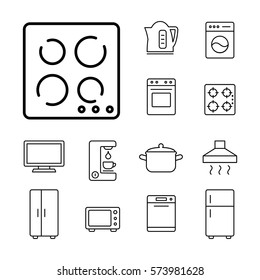 induction stove top household appliance icons set line black on white background