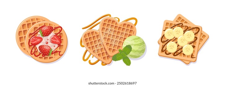 Indulge in an array of delightful waffles generously topped with fresh strawberries, bananas, creamy ice cream and delicious toppings. Vector food illustration for cafe, menu, sticker, poster, design