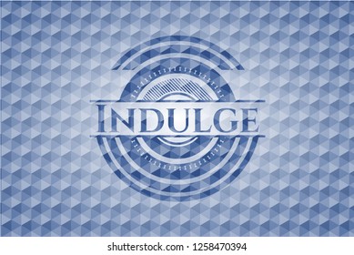 Indulge blue emblem with geometric pattern background.