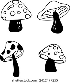 Indulge in culinary delicacy with this quartet of mushrooms in black and white vector lineart. Perfect for food-related designs, this illustration captures the essence of simplicity and earthy flavors