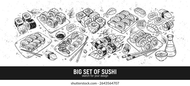 Entregue-se a um delicioso conjunto de sushi. Ilustração de vetor de esboço desenhado à mão