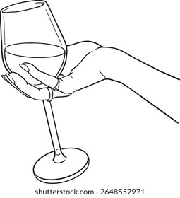Indulge in elegance with this captivating line art of a hand gently holding a wine glass. Perfect for conveying relaxation, enjoyment, fine dining, or a quiet moment of luxury. Ideal for invitations.