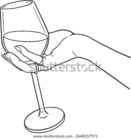 Indulge in elegance with this captivating line art of a hand gently holding a wine glass. Perfect for conveying relaxation, enjoyment, fine dining, or a quiet moment of luxury. Ideal for invitations.