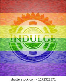 Indulge emblem on mosaic background with the colors of the LGBT flag