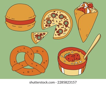 Indulge in our delightful set of food outline illustrations featuring irresistible treats such as macarons, pizza, yogurt, crepes, and pretzels. Perfect for menus, recipe books, and food blogs.