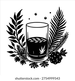Indulge in the perfect pairing: a golden dram of premium whisky elegantly set beside a vibrant bouquet of fresh, aromatic wild herbs. Experience the earthy, rustic sophistication of this refined sensory journey that captures the essence of nature.