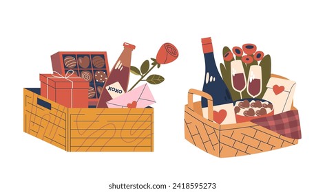 Indulge In Romance With Exquisite Valentines Day Gift Sets in Baskets, Combines Love-inspired Treats, Flowers and Drinks