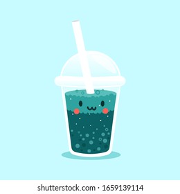 Indulge in the sweet delight of bubble tea with this charming illustration. The image features a cup of tapioca milk tea with a happy face and eyes, adding a playful touch to the beloved drink. 