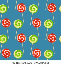 Indulge in sweetness with our seamless pattern of deliciously colorful spiral lollipops on a serene turquoise background. Vector illustration.