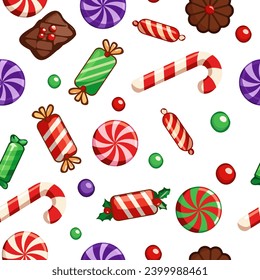 Indulge in sweetness with this delightful vector pattern featuring an array of sweets, lollipops, chocolate candies, candy canes, and cookies on a pristine white background.