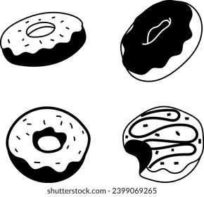 Indulge in the tempting charm of these four delectable donuts showcased in a vibrant vector illustration. Perfect for food-themed designs and celebrations.