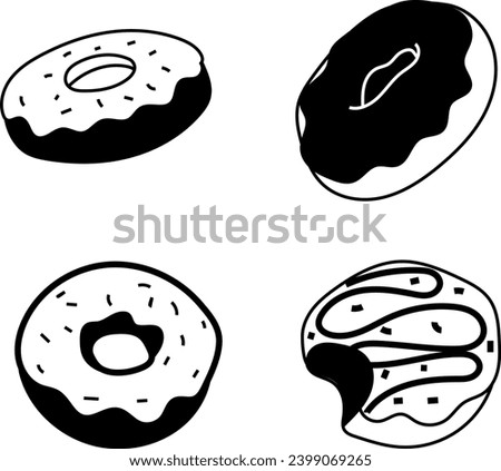 Indulge in the tempting charm of these four delectable donuts showcased in a vibrant vector illustration. Perfect for food-themed designs and celebrations.