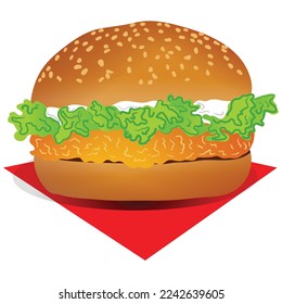 Indulge in a visual feast with this appetizing burger illustration, featuring juicy patties, crispy bacon, melted cheese, and fresh toppings. Perfect for food lovers and food-related businesses.