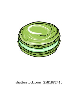 Indulge in a wonderfully delicious green macaron that features a delightful cream filling