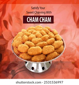 Indulge your taste buds with the delightful Cham Cham! This delectable sweet, shown piled high on a silver tray, is sure to satisfy your sweet cravings. Each piece is perfectly golden.