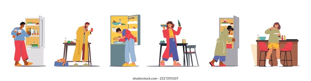 Indulging In Late-night Snacking, Characters Satisfy Their Cravings In The Late Hours, Seeking Food in Open Fridge Before Bedtime Isolated on White Background. Cartoon People Vector Illustration