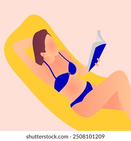 Indulging in Tranquility: A Woman in a Blue Bikini Basks in the Sunlight, Lost in the Pages of a Novel. She is holding an open book and appears to be deeply engrossed in her reading.