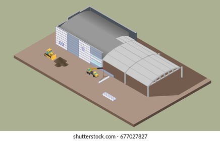 Indusrial warehouse building erection process with machines. ErrIsometric 3D illustration of house construction.