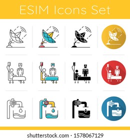 Indusry types icons set. Telecommunication. Health care. Water engineering. Global broadcasting. Beverage production. Flat design, linear, black and color styles. Isolated vector illustrations