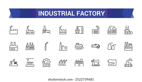 Industial factory icon set. Related to power industry, Plant, Nuclear plant, Manufacturing line icons. Editable stroke. Vector illustration