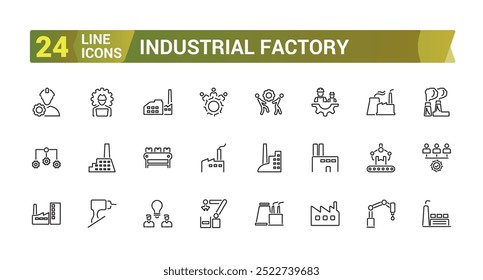 Conjunto de ícones de fábrica industrial. Relacionado à indústria de energia, planta, planta nuclear, ícones de linha de fabricação. Traçado editável. Ilustração vetorial