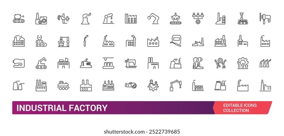 Conjunto de ícones de fábrica industrial. Relacionado à indústria de energia, planta, planta nuclear, ícones de linha de fabricação. Traçado editável. Ilustração vetorial