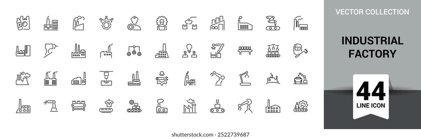 Conjunto de ícones de fábrica industrial. Relacionado à indústria de energia, planta, planta nuclear, ícones de linha de fabricação. Traçado editável. Ilustração vetorial