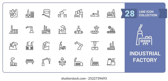 Conjunto de ícones de fábrica industrial. Relacionado à indústria de energia, planta, planta nuclear, ícones de linha de fabricação. Traçado editável. Ilustração vetorial