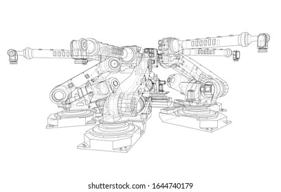 A industral robots manipulators. Blueprint style. Vector rendering from 3D model