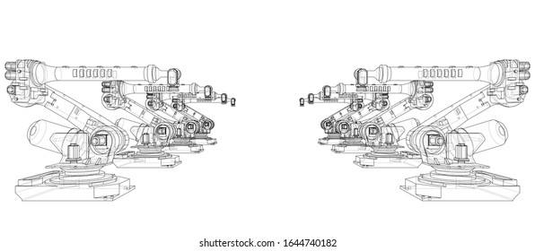 A industral robots manipulators. Blueprint style. Vector rendering from 3D model