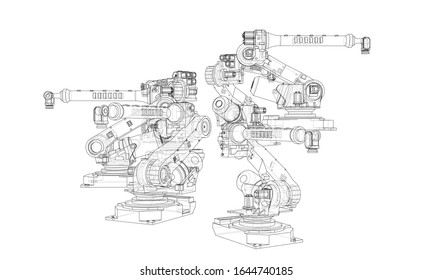 A industral robots manipulators. Blueprint style. Vector rendering from 3D model