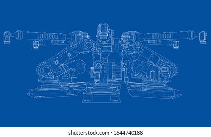 A industral robots manipulators. Blueprint style. Vector rendering from 3D model