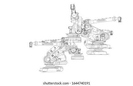 A industral robots manipulators. Blueprint style. Vector rendering from 3D model