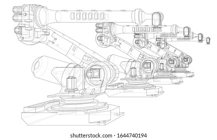 A industral robots manipulators. Blueprint style. Vector rendering from 3D model