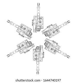 A industral robots manipulators. Blueprint style. Vector rendering from 3D model