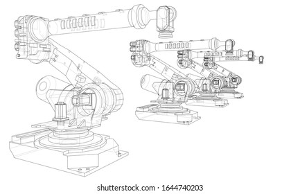 A industral robots manipulators. Blueprint style. Vector rendering from 3D model