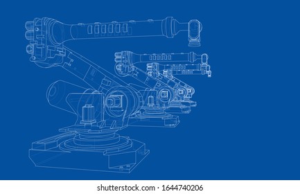 A industral robots manipulators. Blueprint style. Vector rendering from 3D model