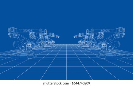 A industral robots manipulators. Blueprint style. Vector rendering from 3D model