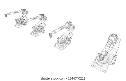 A industral robots manipulators. Blueprint style. Vector rendering from 3D model