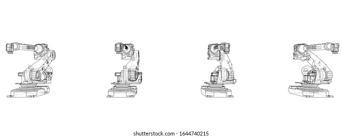 A industral robots manipulators. Blueprint style. Vector rendering from 3D model